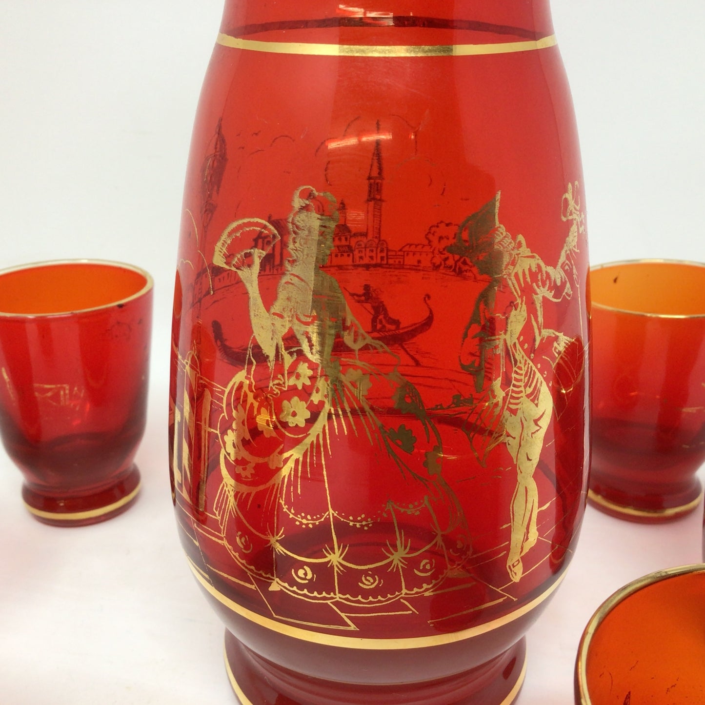 Vintage Ruby Glass Venetian Scene Decanter Set
