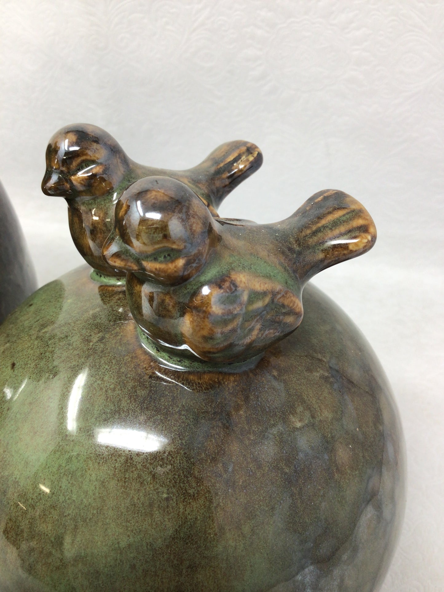 Pair of Glazed Ceramic Orbs with Birds