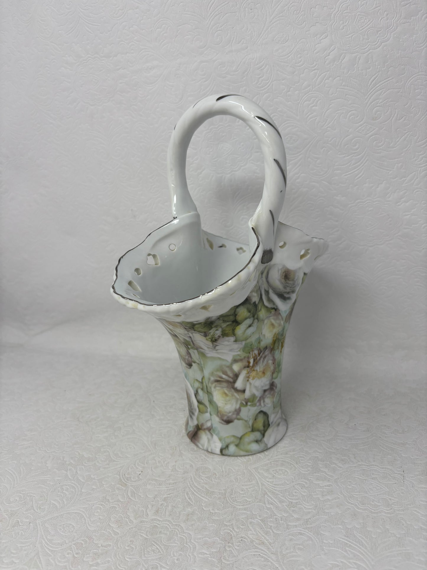 Formalities By Baum Bros White Rose Chintz Porcelain Handled Vase