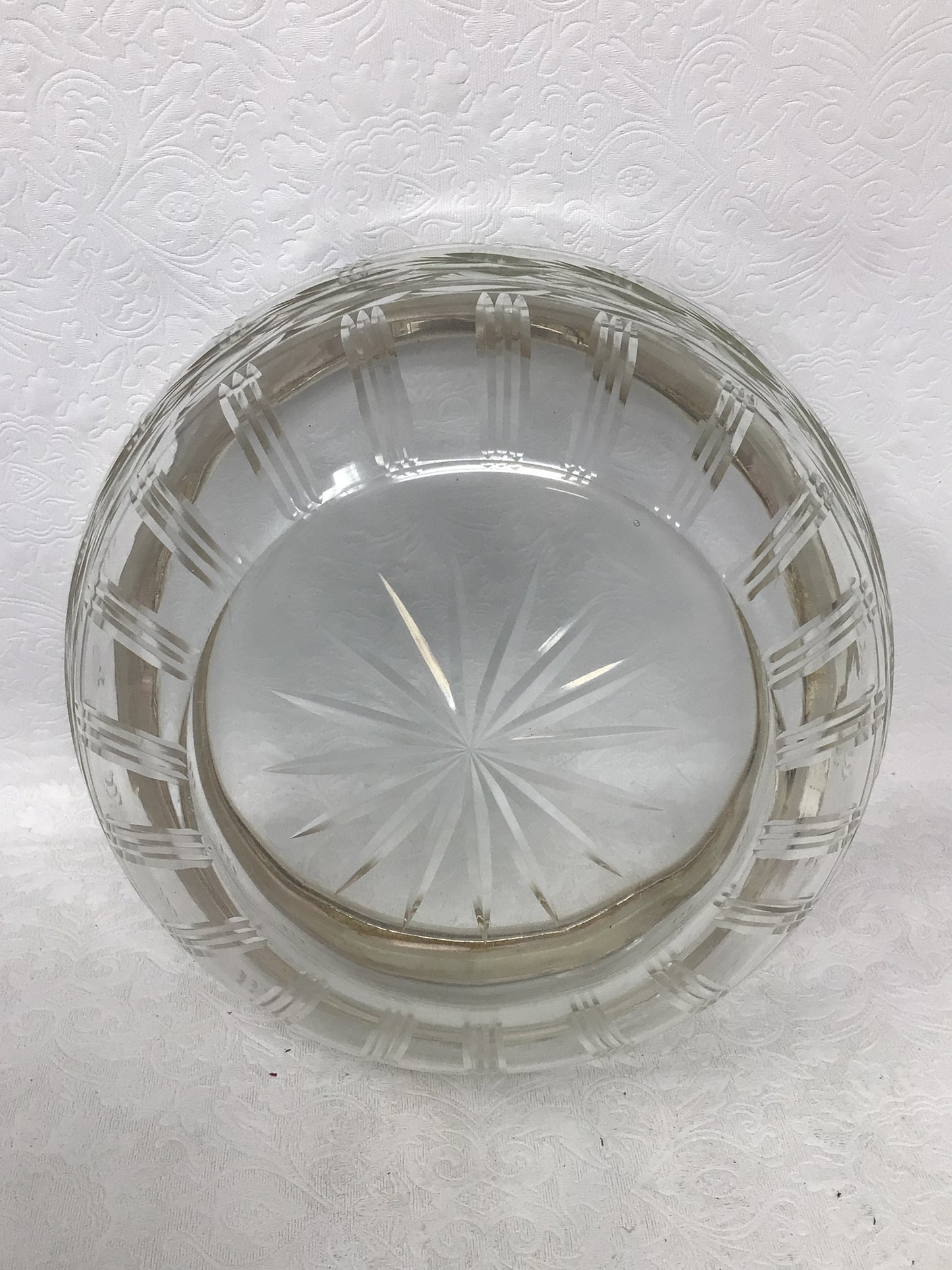 Vintage Cut Glass Bowl with Metal Rim