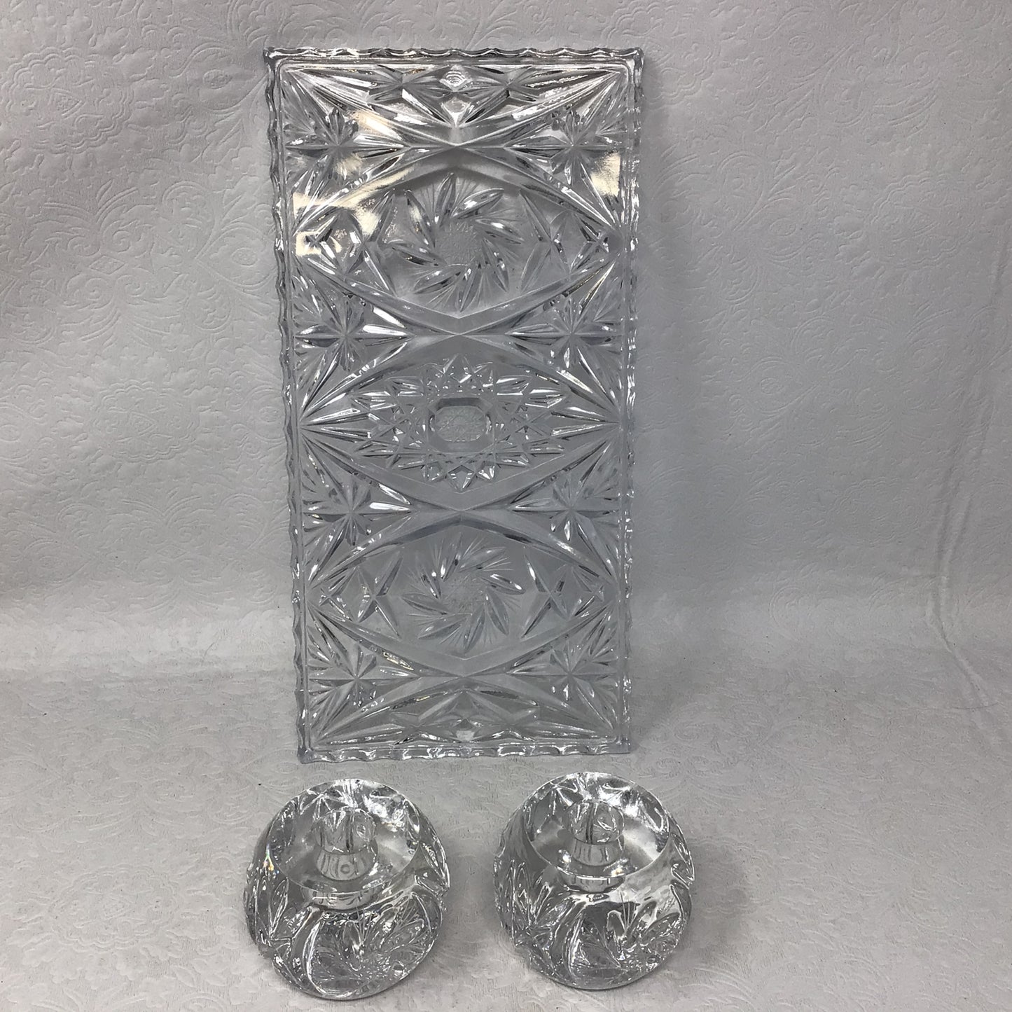 Set of 2 Crystal Candle Holders and Tray