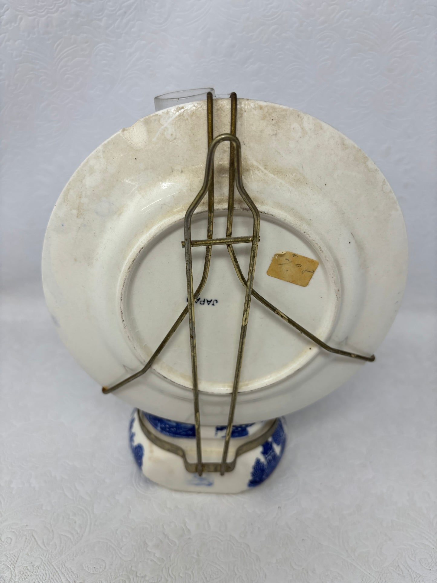 Vintage Japanese Blue Willow Oil Lamp with Reflector Plate