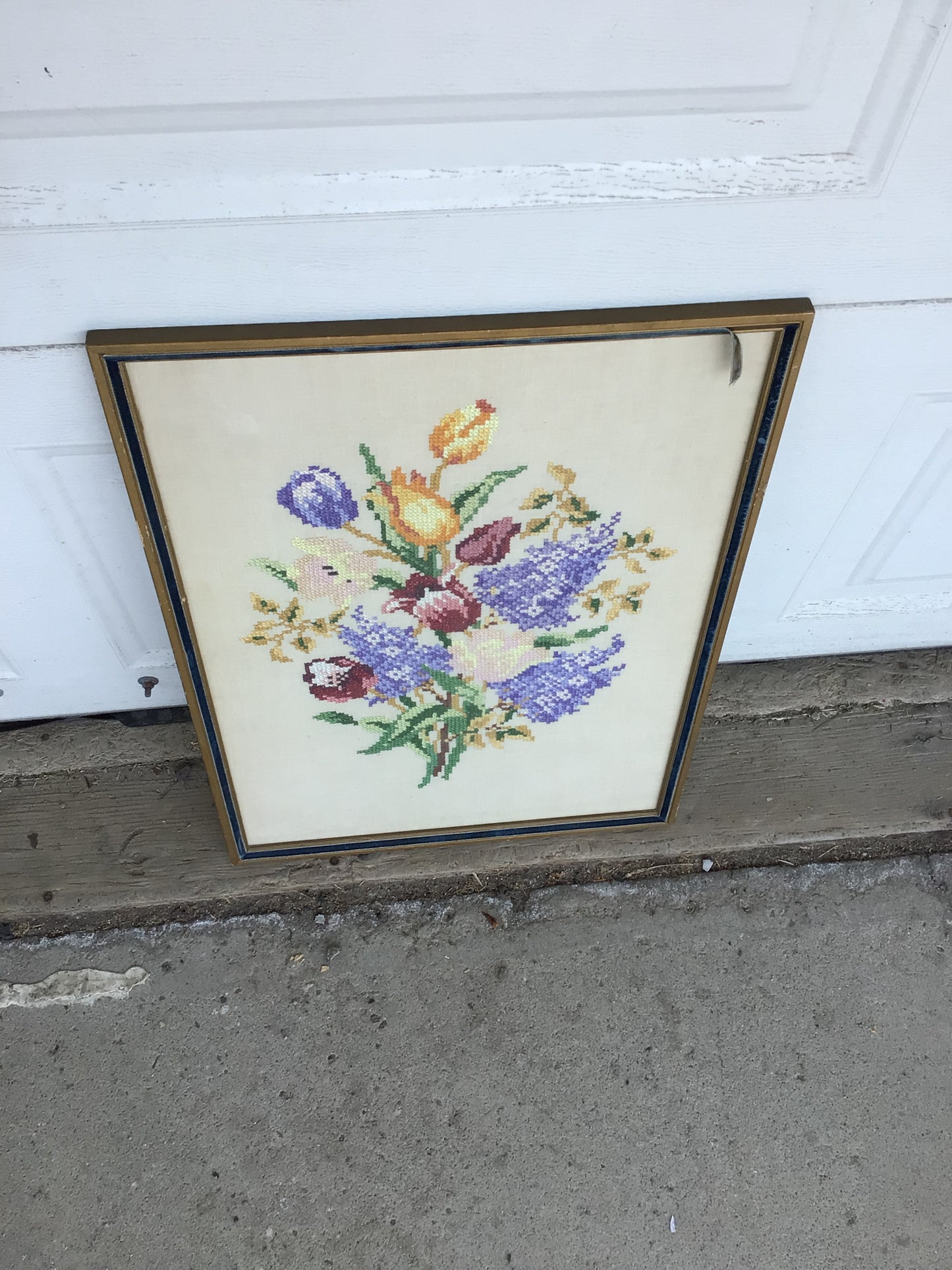 Framed Embroidered Cross Stitch Colourful Floral Bouquet