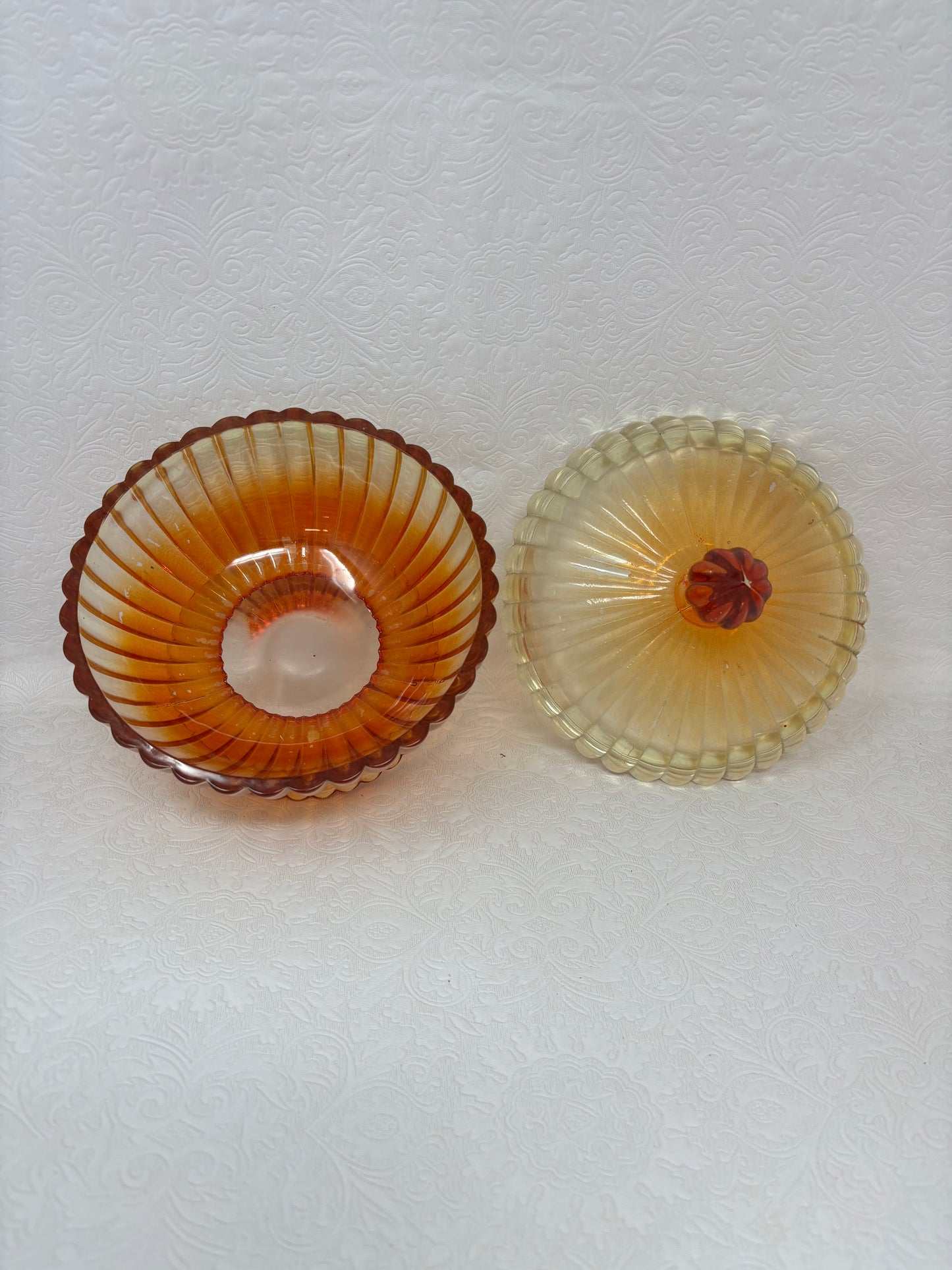 2 Vintage Amberina Glass Pedestal Dishes & Candy Dish