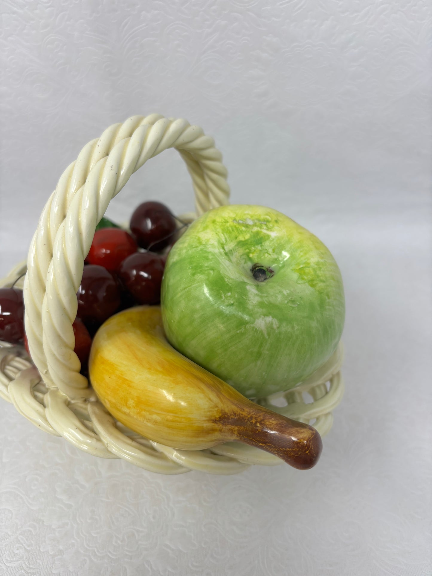 Vintage Bassano Italy Ceramic Fruit In Woven Basket