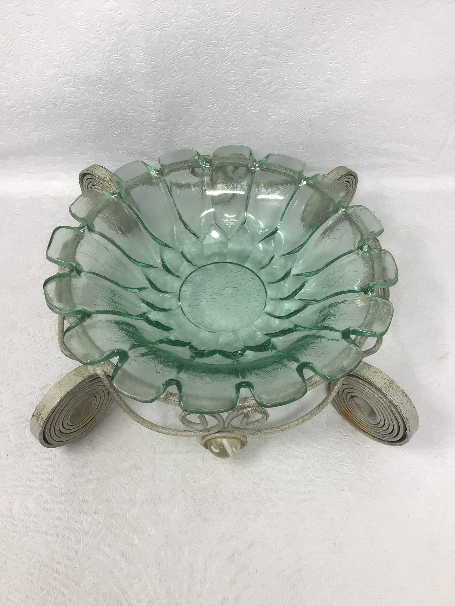 Vintage Green Glass Bowl on Metal Stand