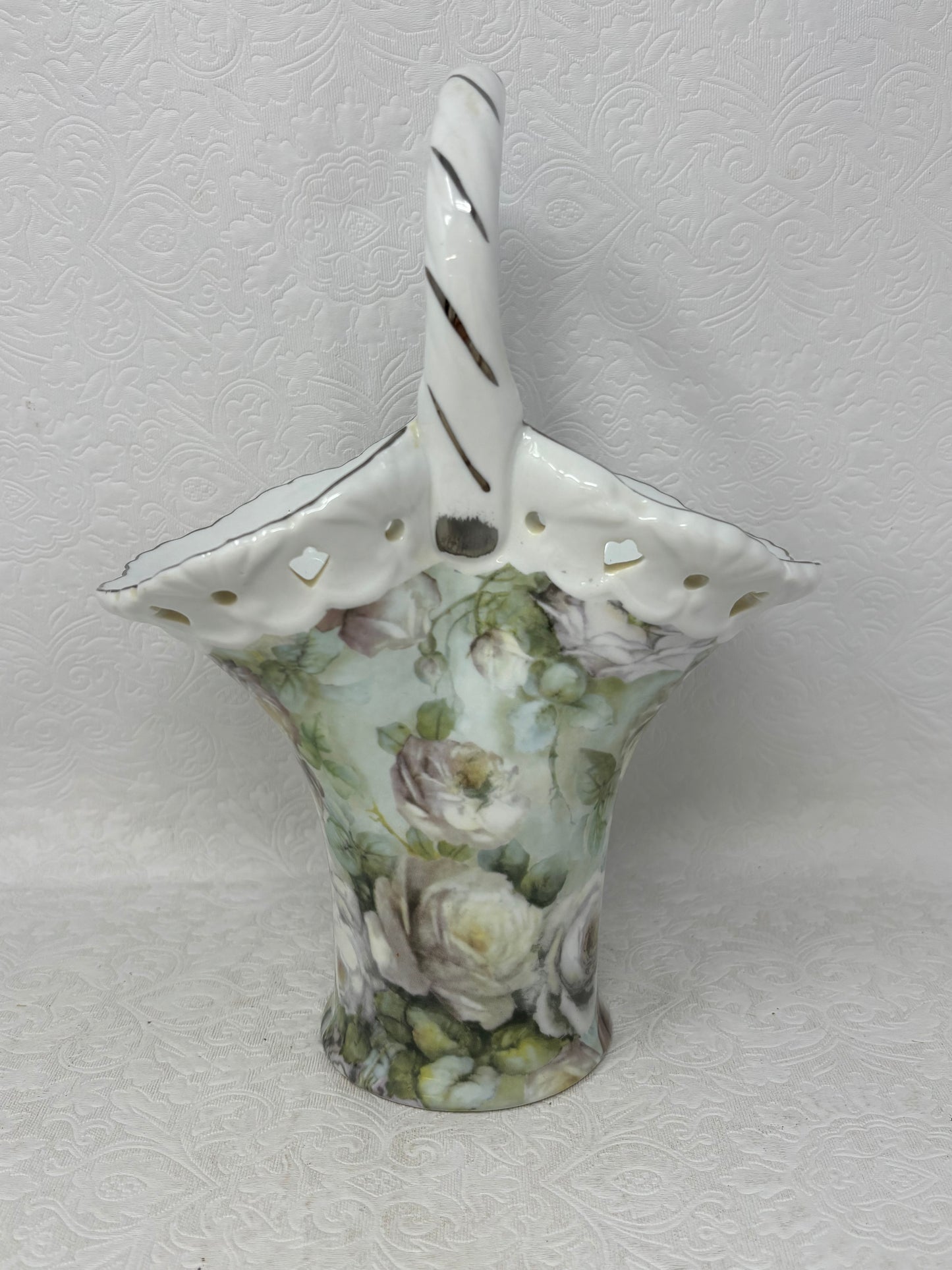 Formalities By Baum Bros White Rose Chintz Porcelain Handled Vase