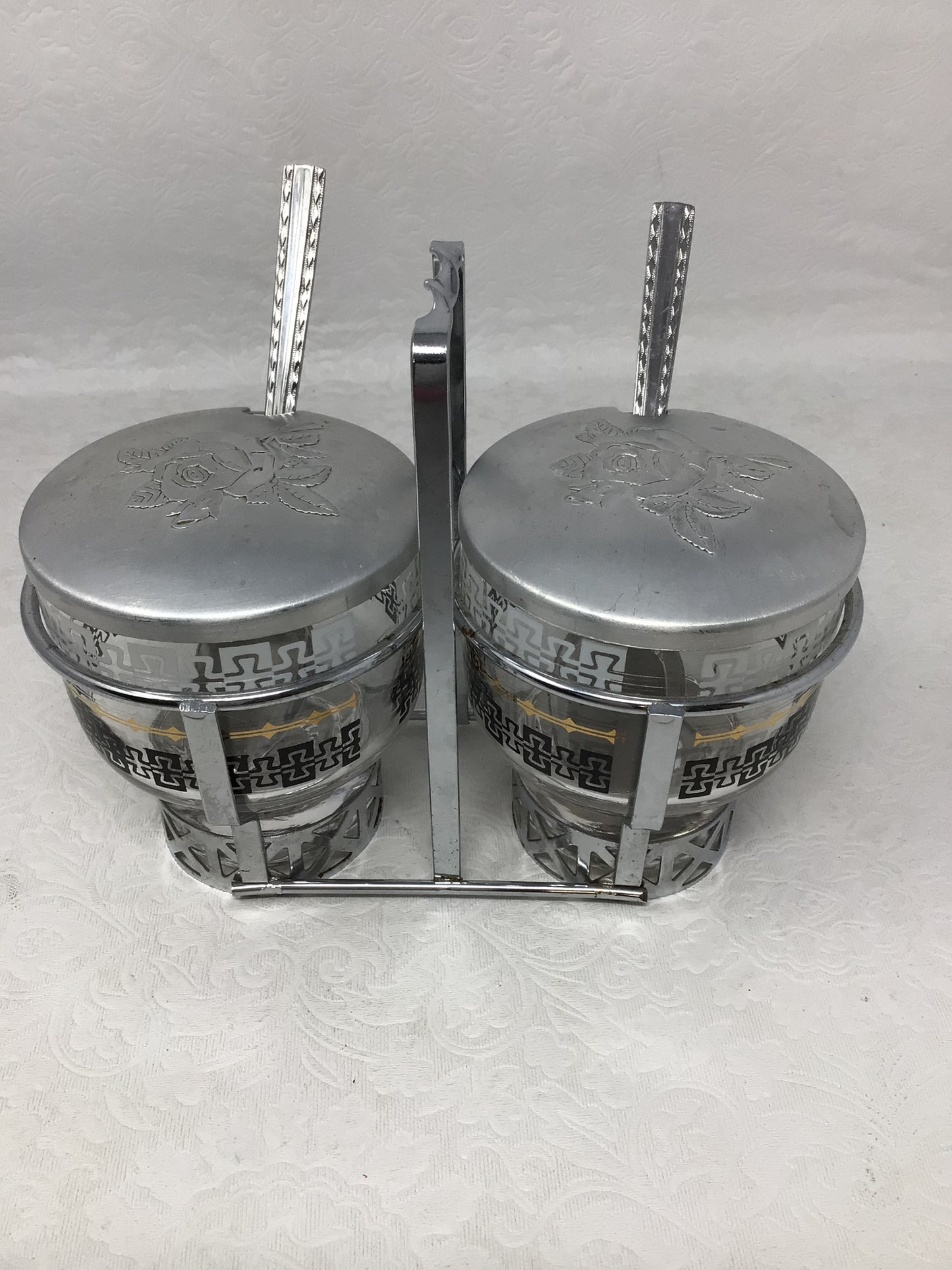 Vintage Libbey Glass Condiment Server Set with Metal Caddy