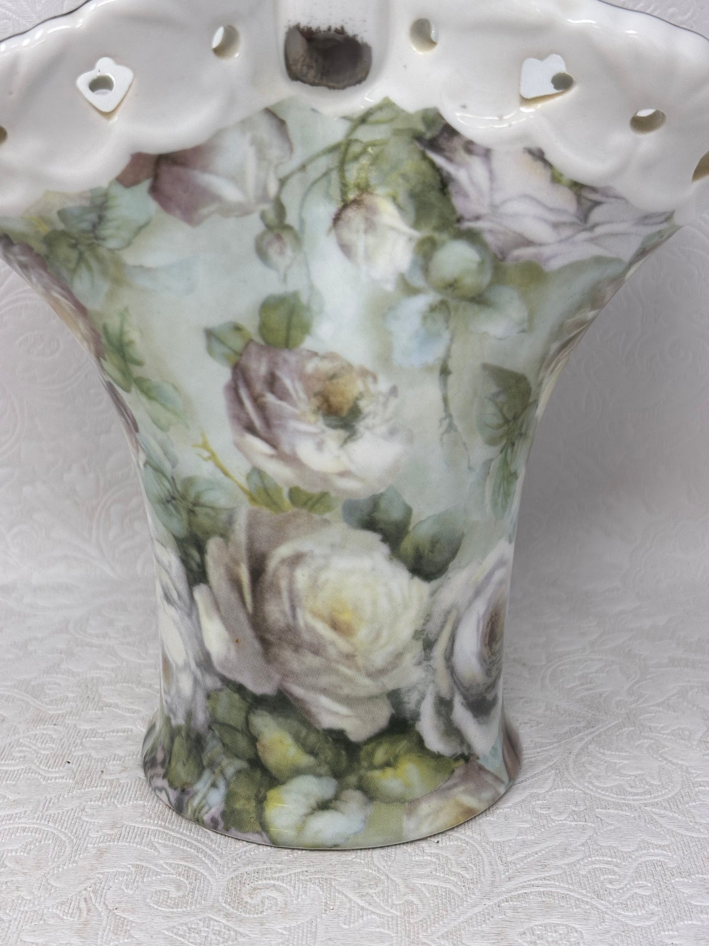 Formalities By Baum Bros White Rose Chintz Porcelain Handled Vase