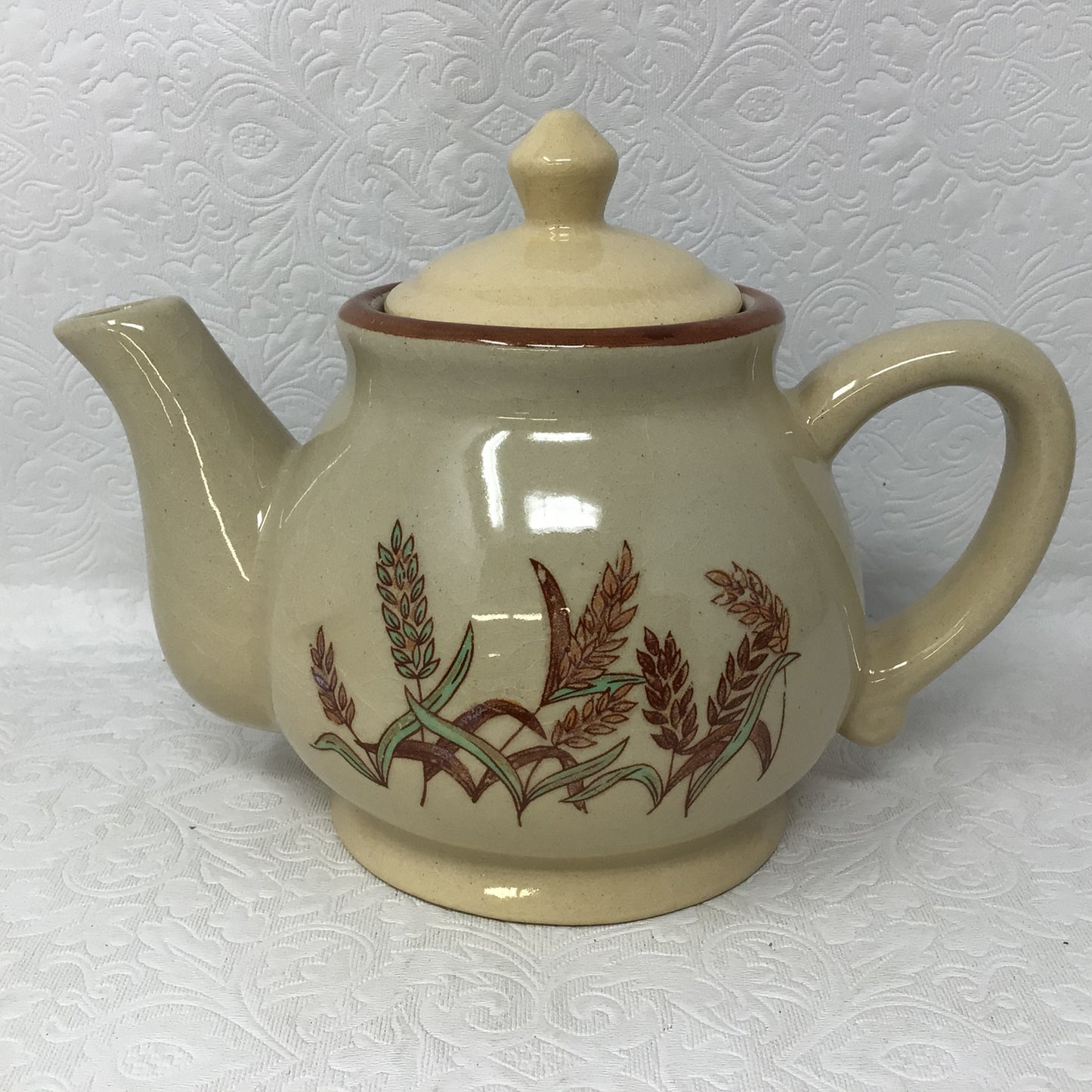 Small Beige Teapot And Cups With Wheat Design