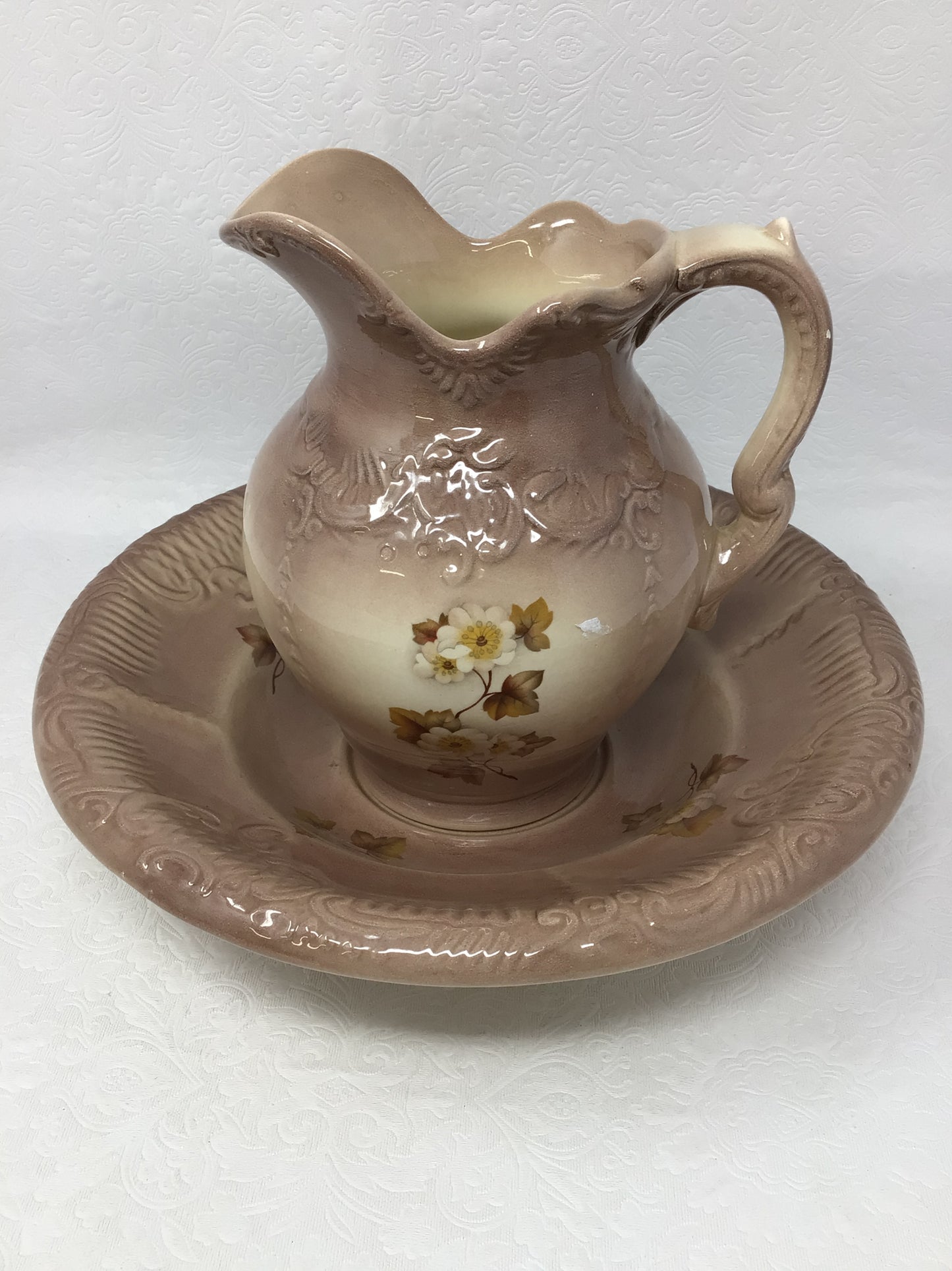 Taupe Colour Floral Water Pitcher and Wash Basin
