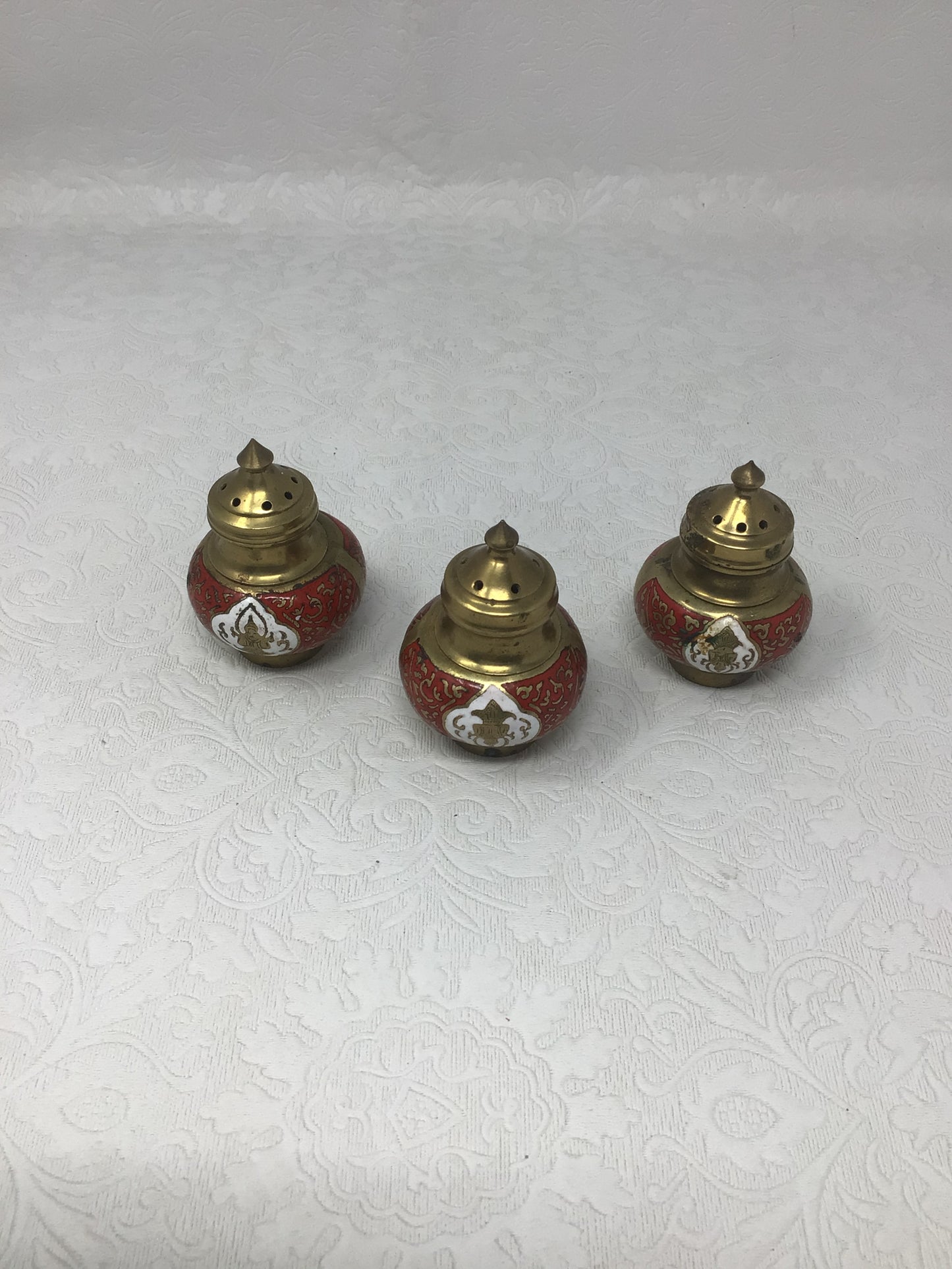Vintage Brass and Red Enamel Salt and Pepper Shakers