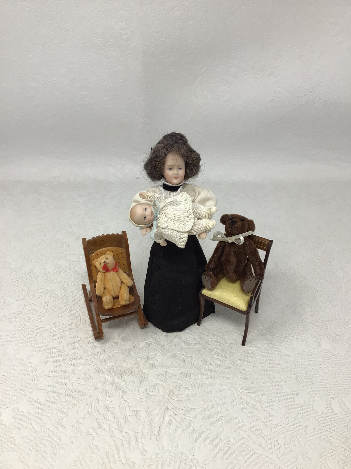 Vintage Miniature Porcelain Doll with Baby and Teddy Bears
