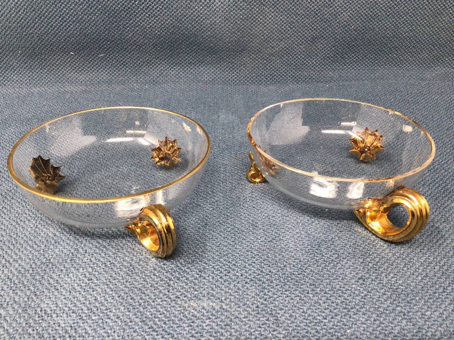 Vintage Pair of Bohemian Moser Clear Glass Cup on 3 Gilded Scroll Feet