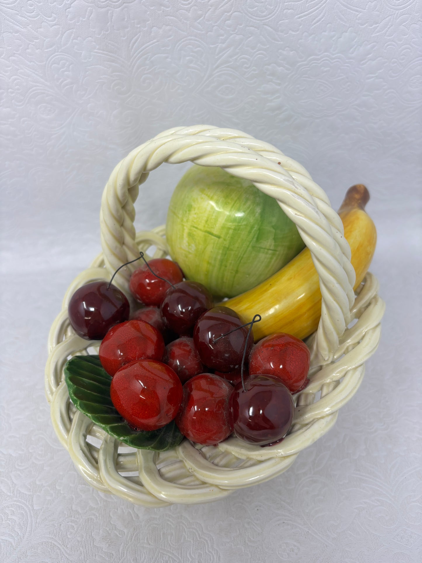 Vintage Bassano Italy Ceramic Fruit In Woven Basket