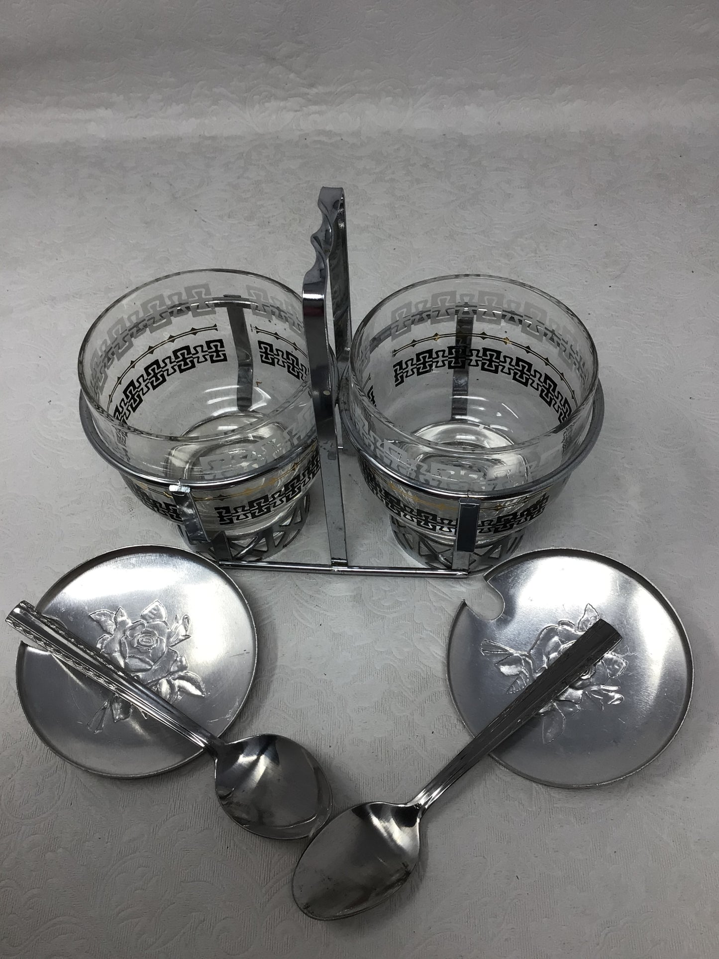 Vintage Libbey Glass Condiment Server Set with Metal Caddy