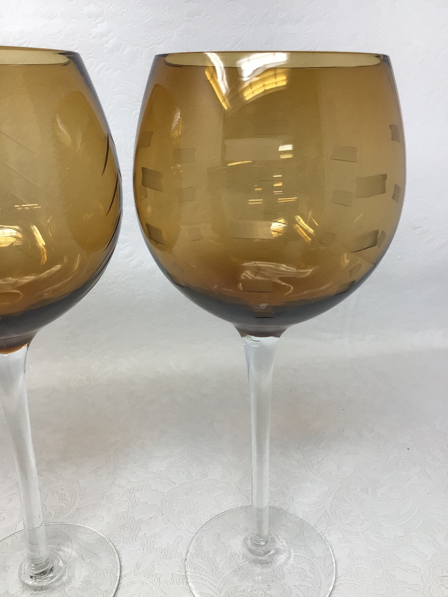 Set of 3 Etched Amber Wine Glasses