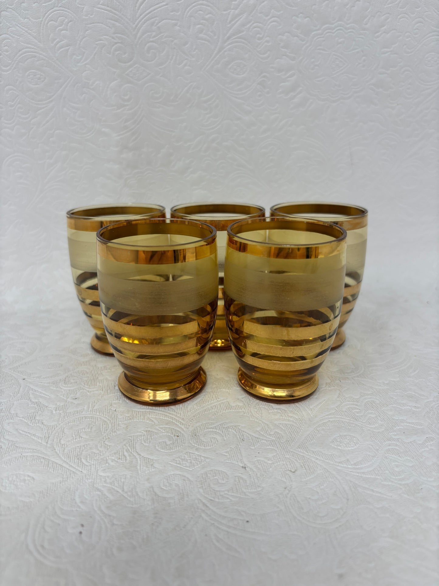 Set Of 5 Amber And Gold Striped Barware Glasses