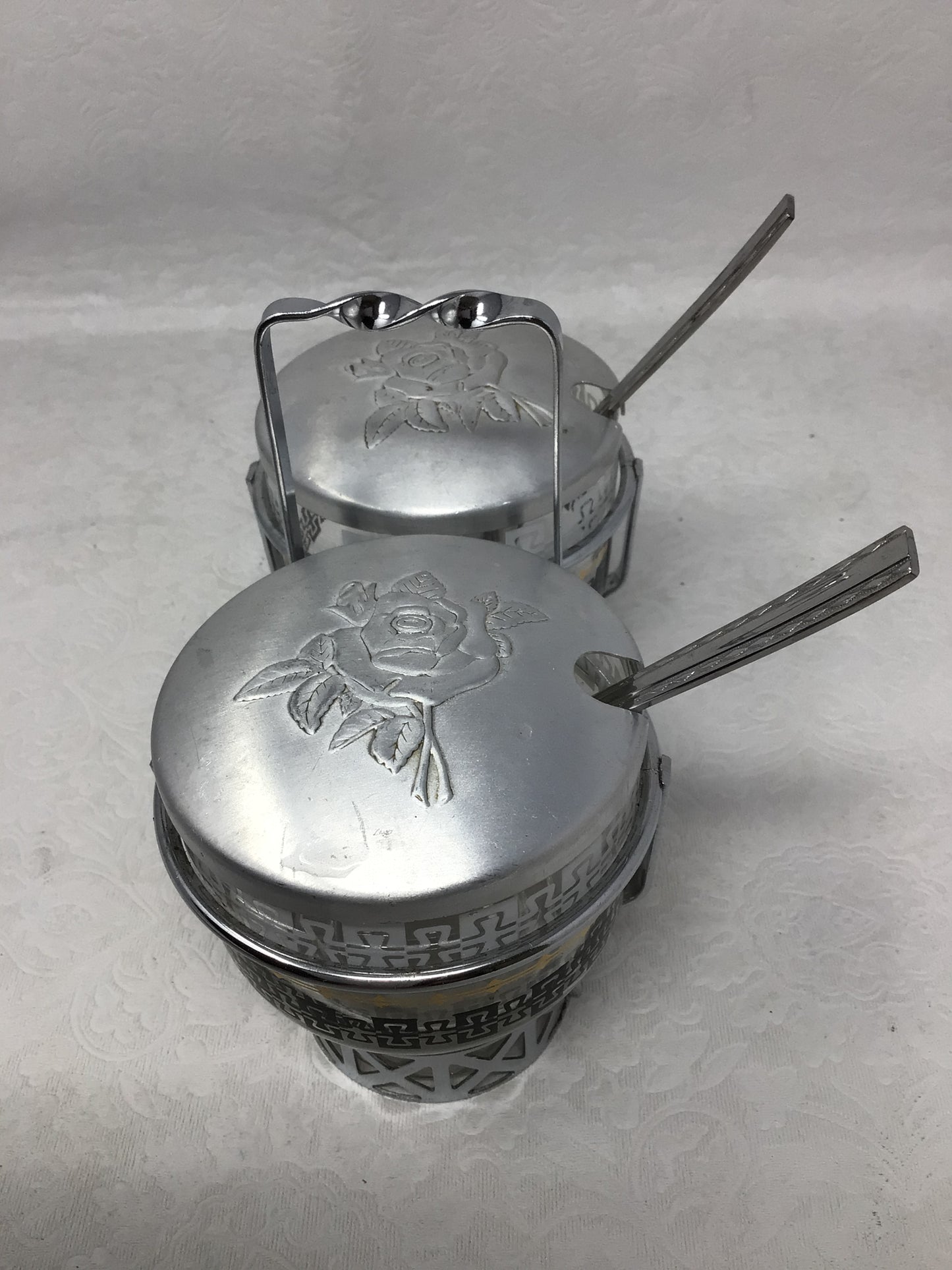 Vintage Libbey Glass Condiment Server Set with Metal Caddy