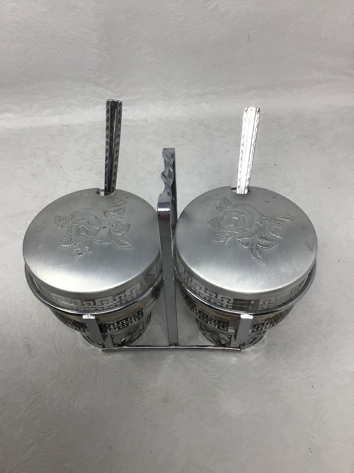 Vintage Libbey Glass Condiment Server Set with Metal Caddy