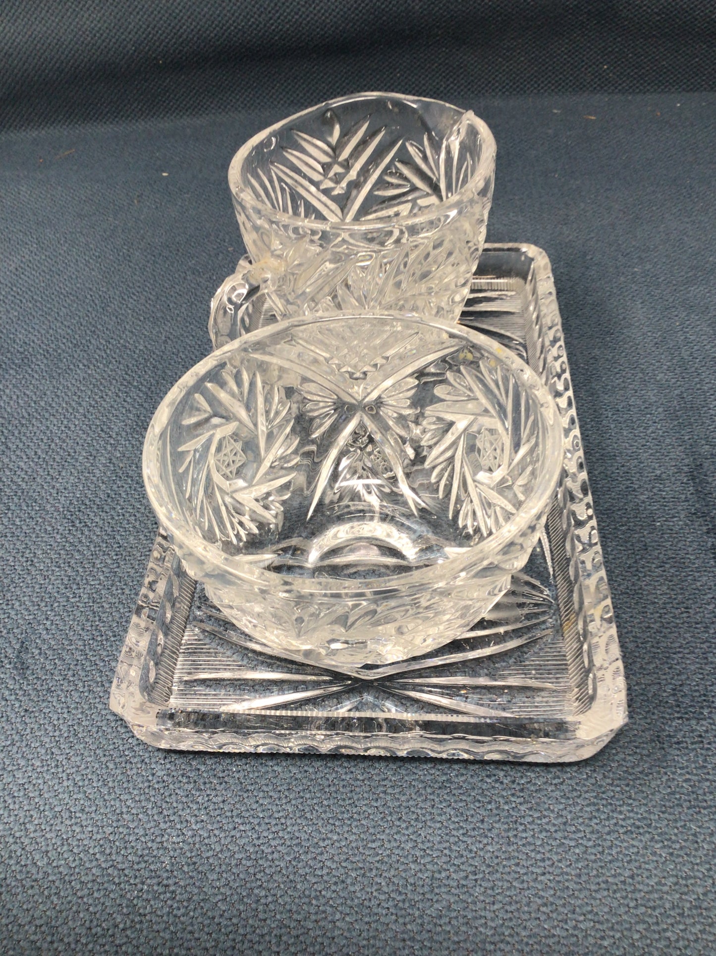 Cut Glass Pinwheel Creamer, Sugar & Tray