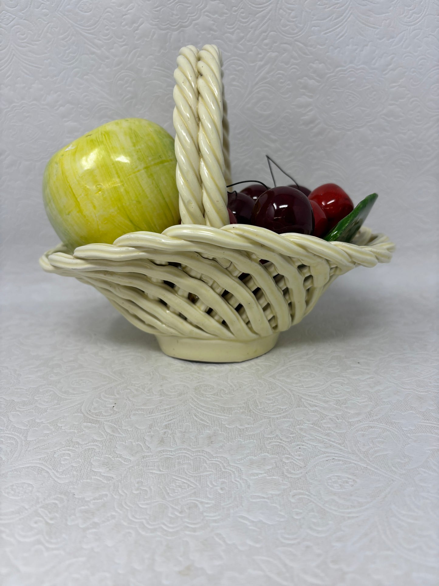 Vintage Bassano Italy Ceramic Fruit In Woven Basket