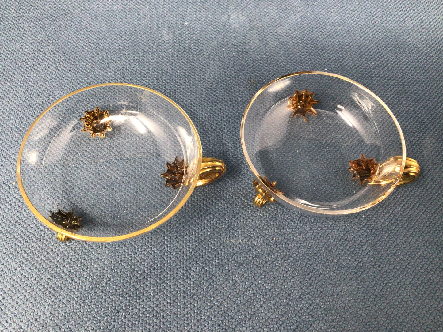 Vintage Pair of Bohemian Moser Clear Glass Cup on 3 Gilded Scroll Feet