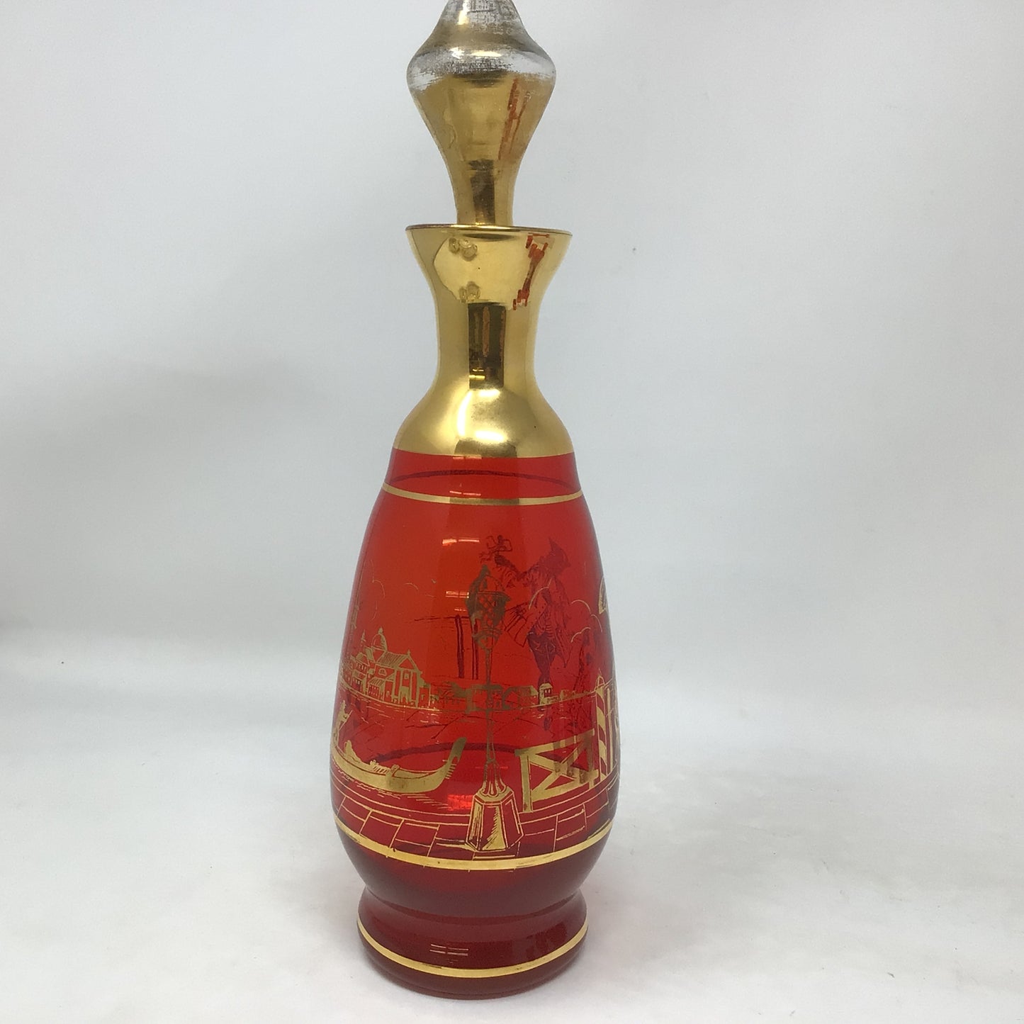 Vintage Ruby Glass Venetian Scene Decanter Set