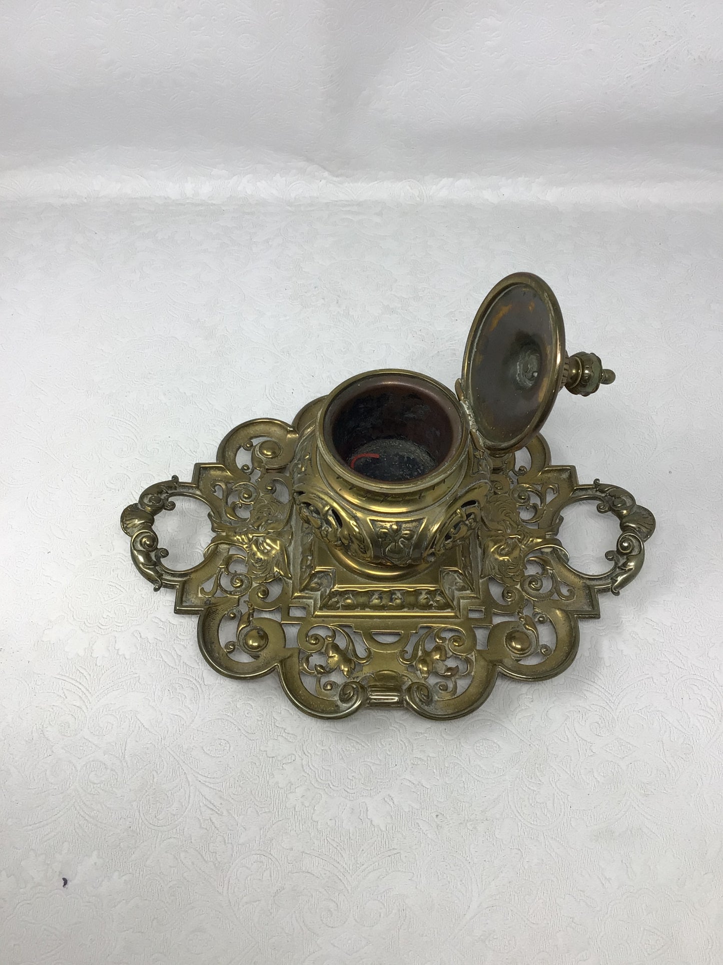 Object Ornate Antique Cast Brass Inkwell