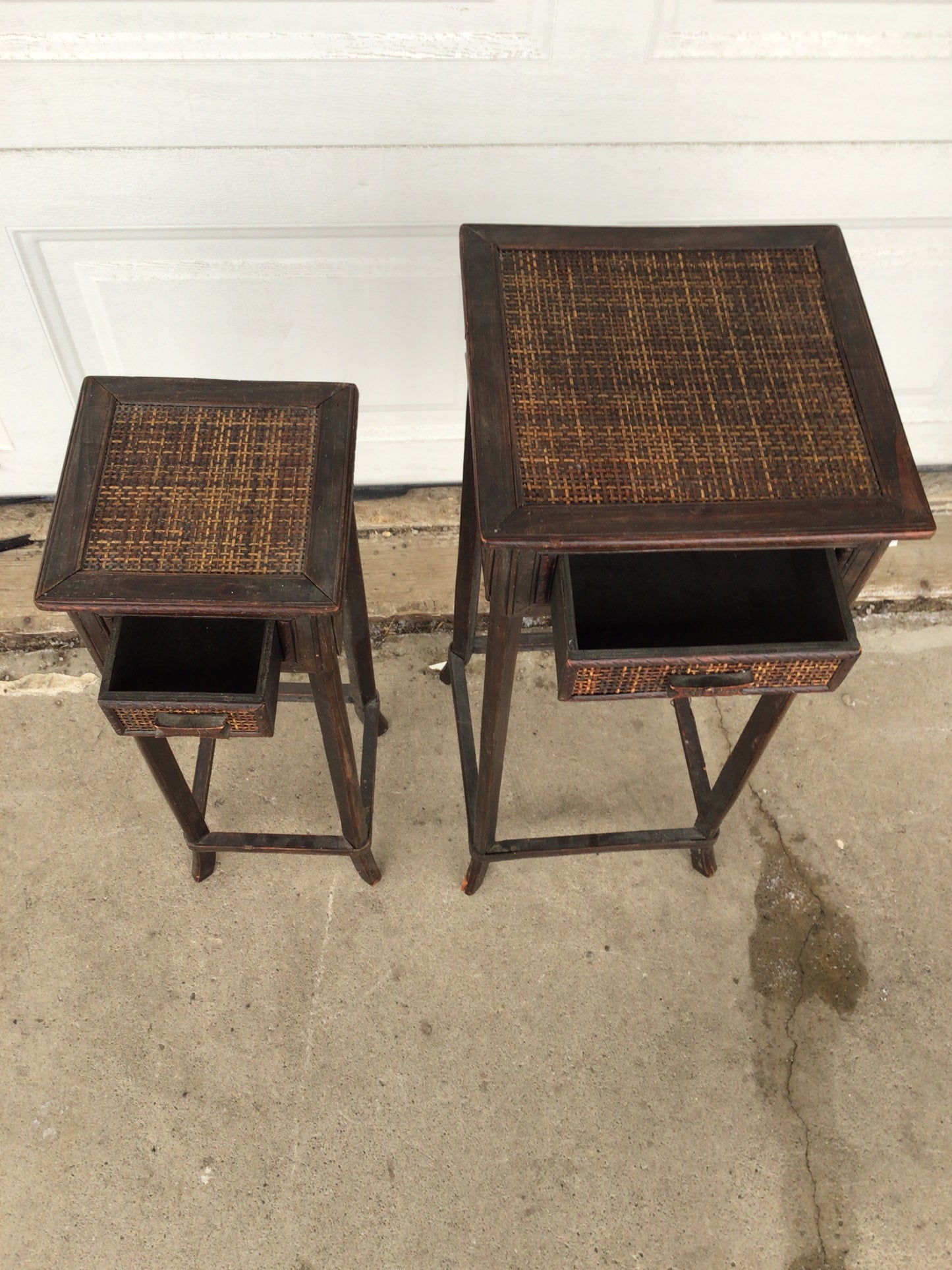 Set of 2 Wood & Woven Rattan Side Tables