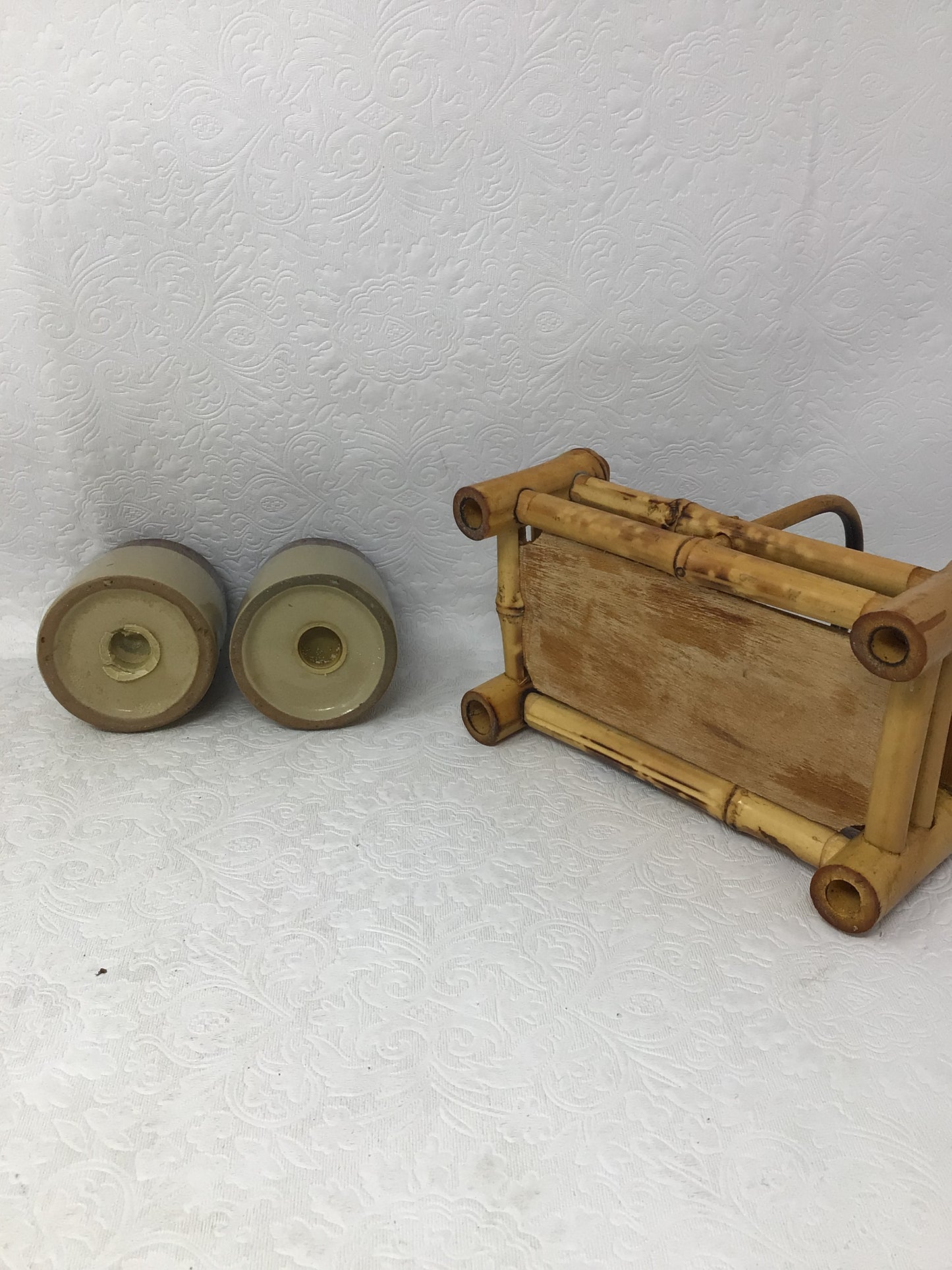 Glazed Stoneware Salt and Pepper Shakers in Bamboo Caddy