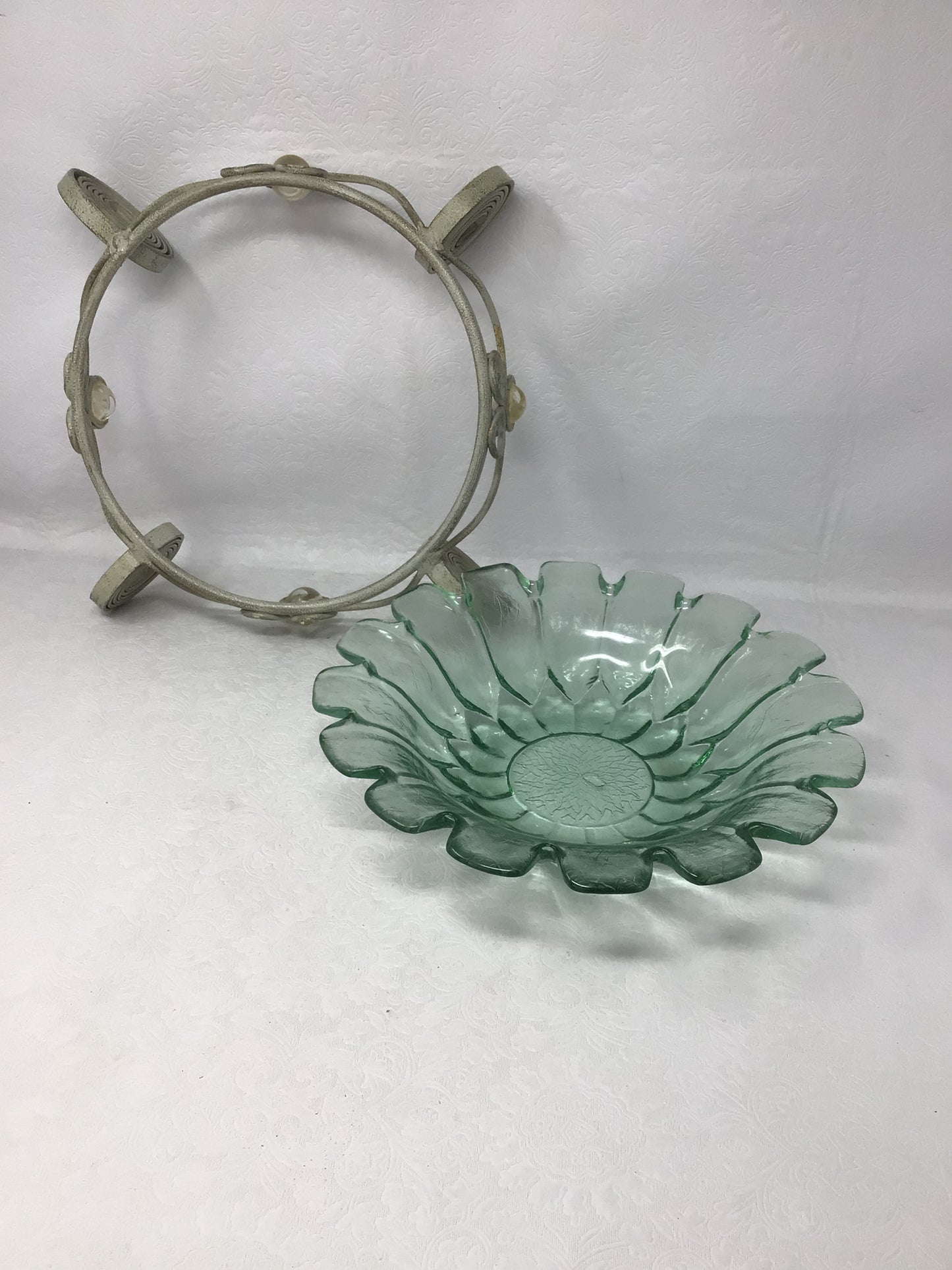 Vintage Green Glass Bowl on Metal Stand