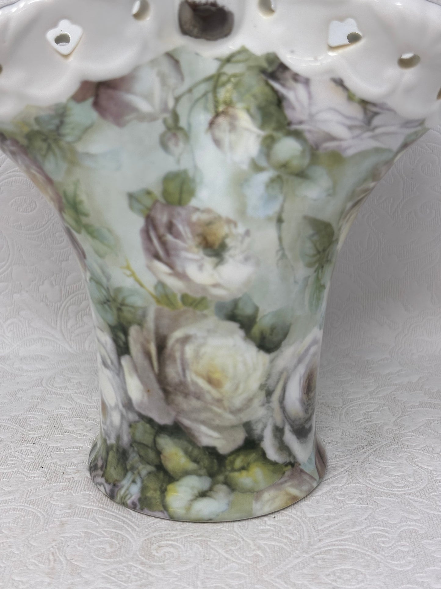 Formalities By Baum Bros White Rose Chintz Porcelain Handled Vase