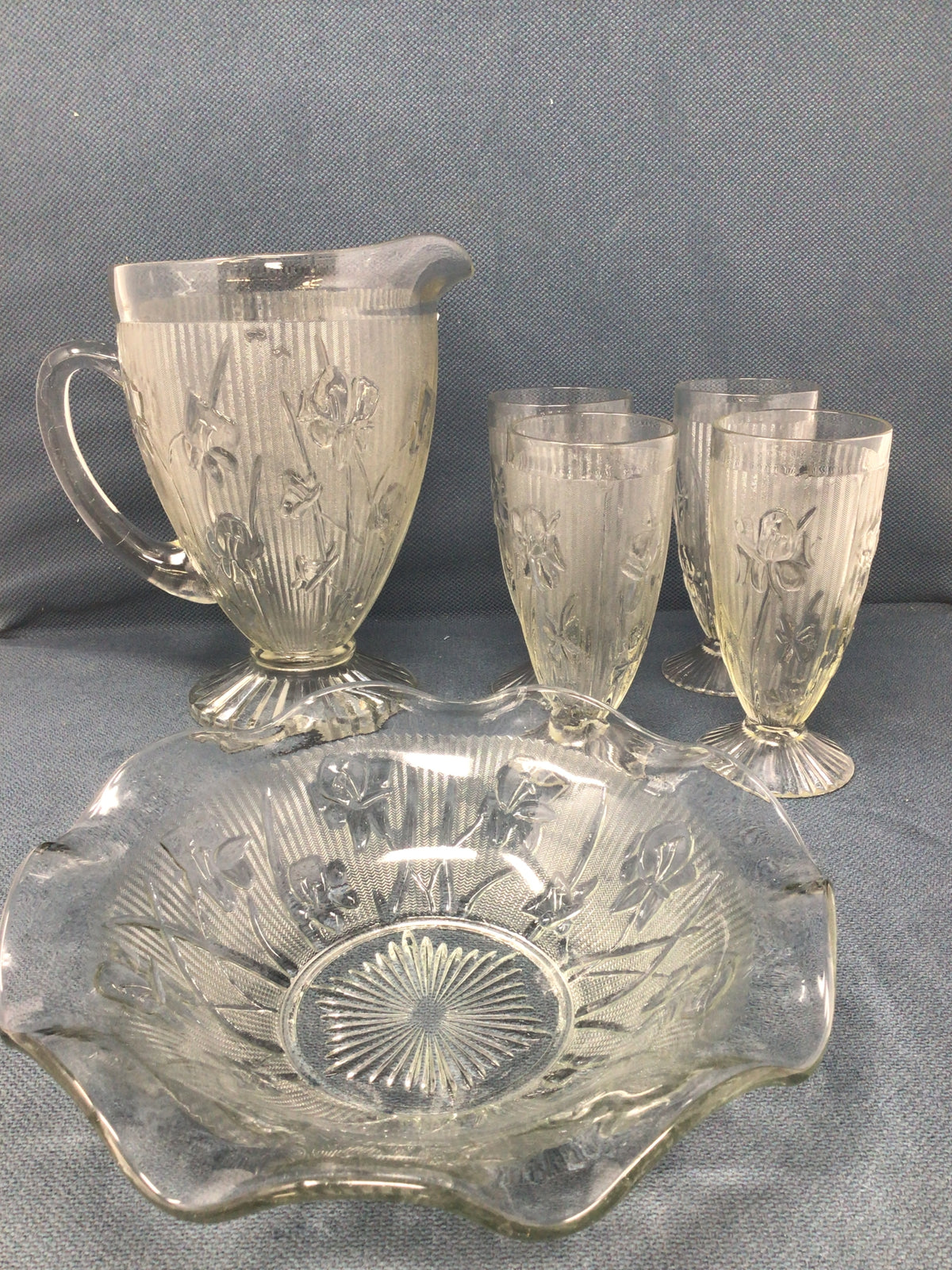 Iris & Herringbone Pitcher, Bowl, and 4 Glasses