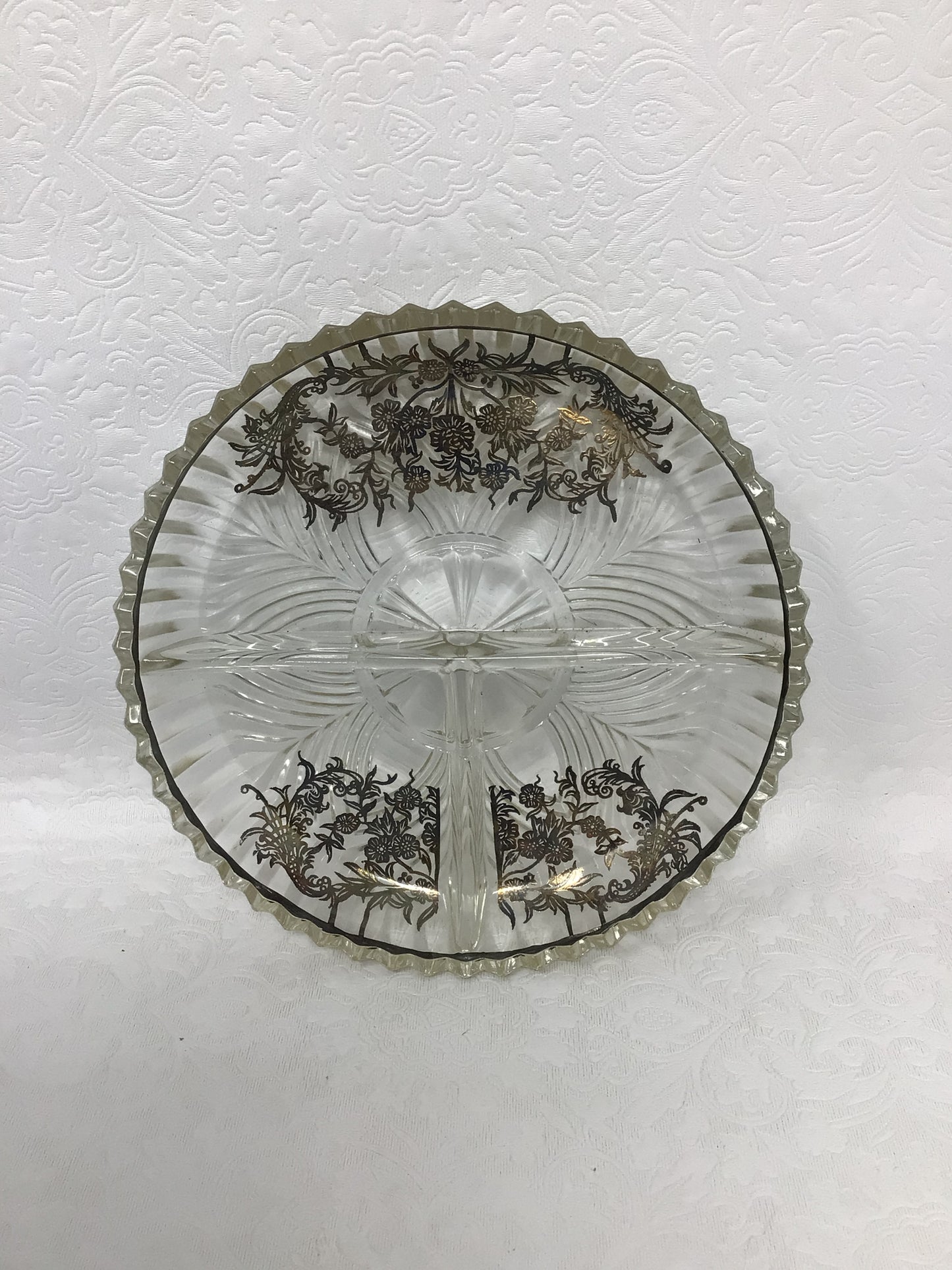 Glass Relish Dish with Silver Overlay