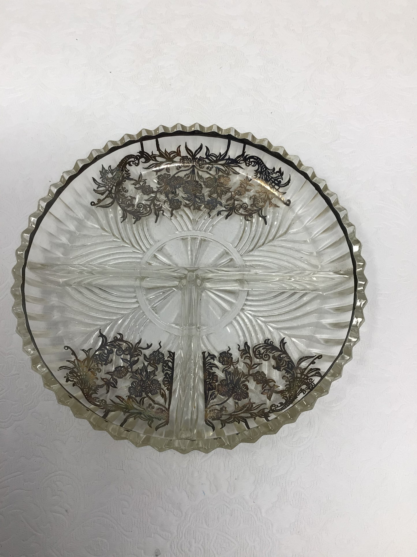 Glass Relish Dish with Silver Overlay