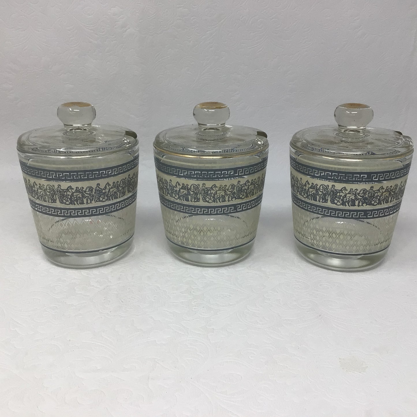 Set of 3 Vintage Jeanette Roman Greek Chariot Hellenic Blue Wedgwood Lidded Jars + 1 Un-lidded Jar