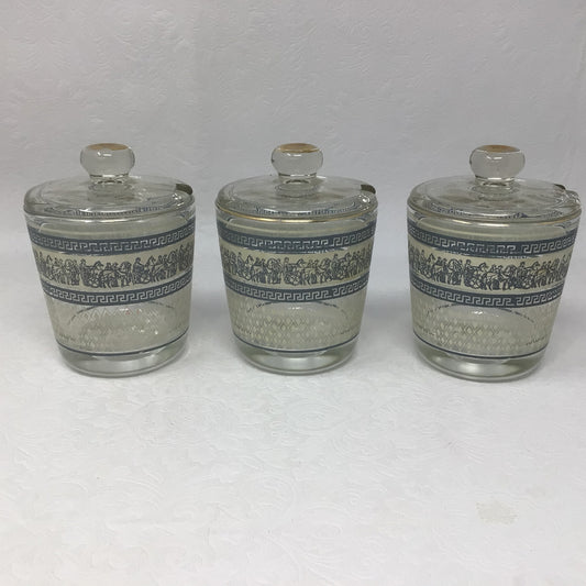 Set of 3 Vintage Jeanette Roman Greek Chariot Hellenic Blue Wedgwood Lidded Jars + 1 Un-lidded Jar