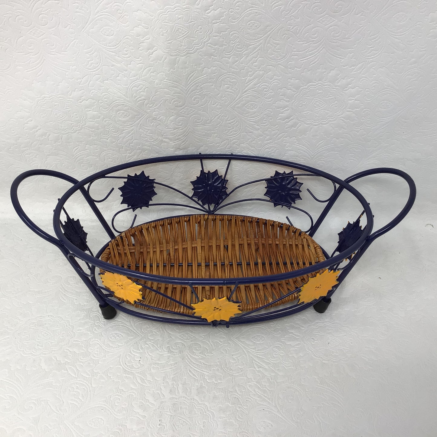 Temp-tations By Tara Ceramic Old World Blue Casserole Dishes And Metal Rattan Serving Basket