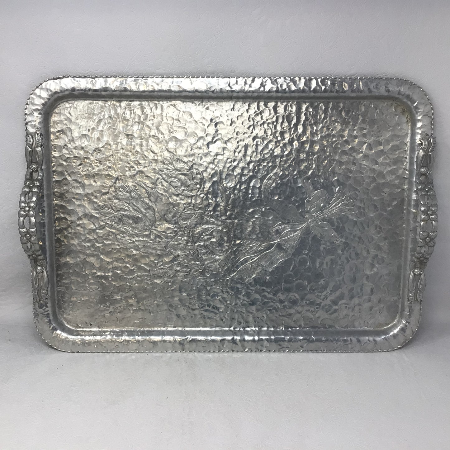 Vintage Hand Wrought Hammered Aluminum Floral Tray - “Rodney Kent Silver 428”