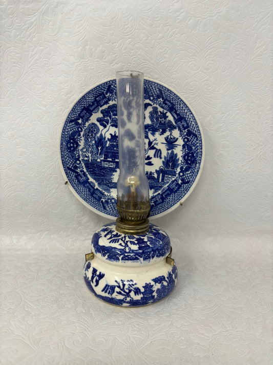 Vintage Japanese Blue Willow Oil Lamp with Reflector Plate