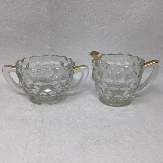 Vintage Glass Creamer and Sugar with Cube Pattern