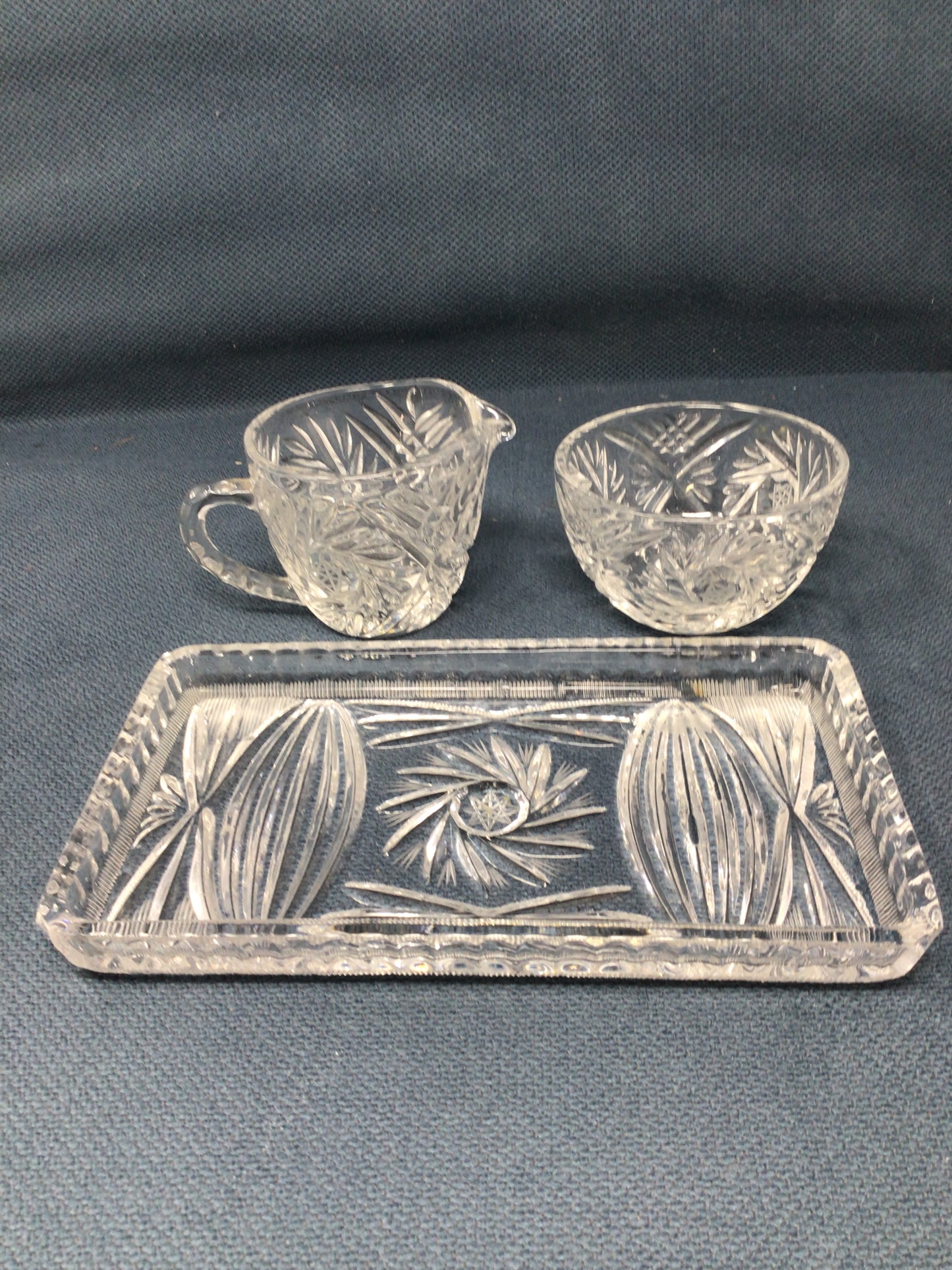 Cut Glass Pinwheel Creamer, Sugar & Tray