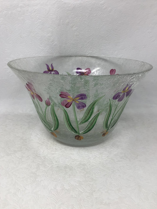 Decorative Glass Crackle Bowl with Purple Flowers
