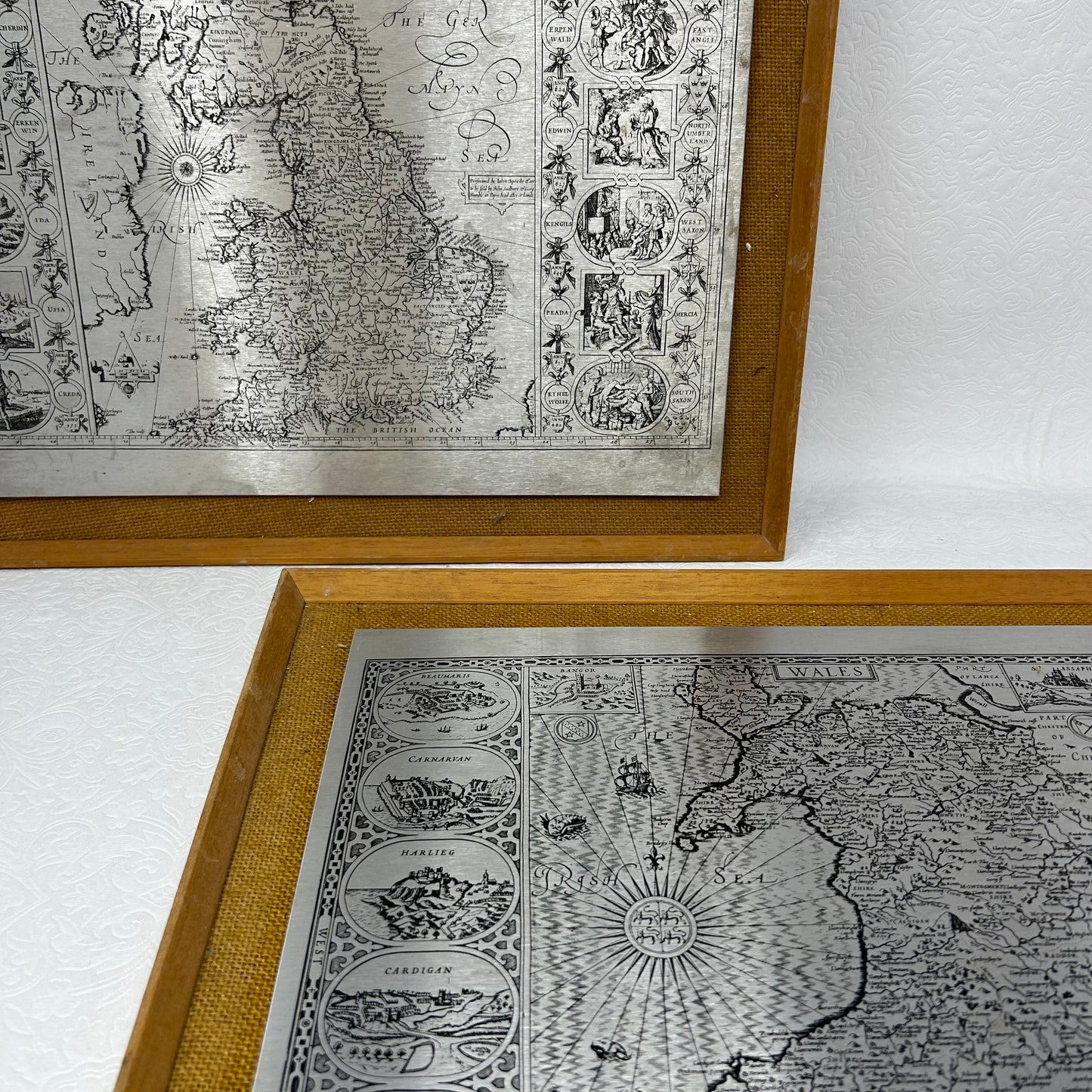 Set of 2 MCM Etched Steel Maps of Britain and Wales