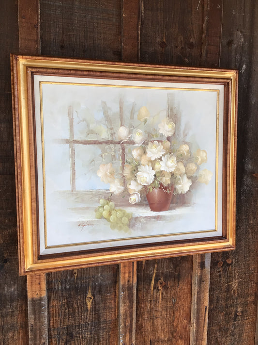 Framed Oil Painting of White Roses