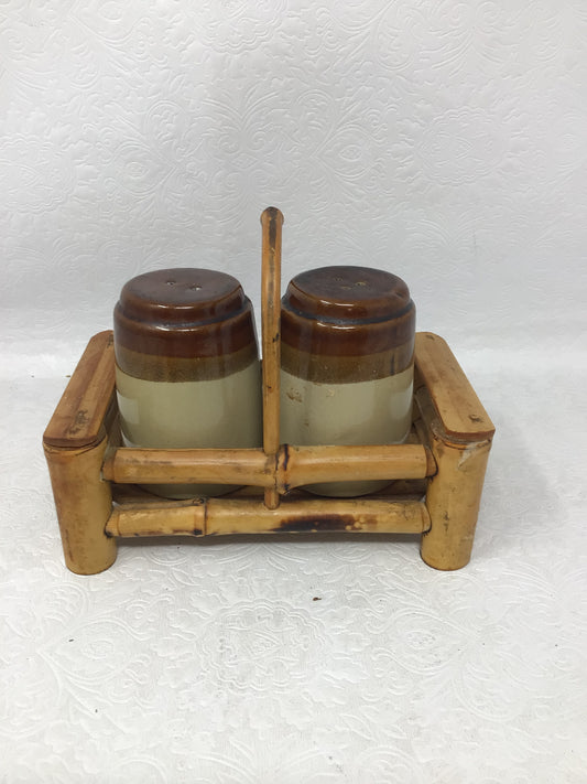 Glazed Stoneware Salt and Pepper Shakers in Bamboo Caddy