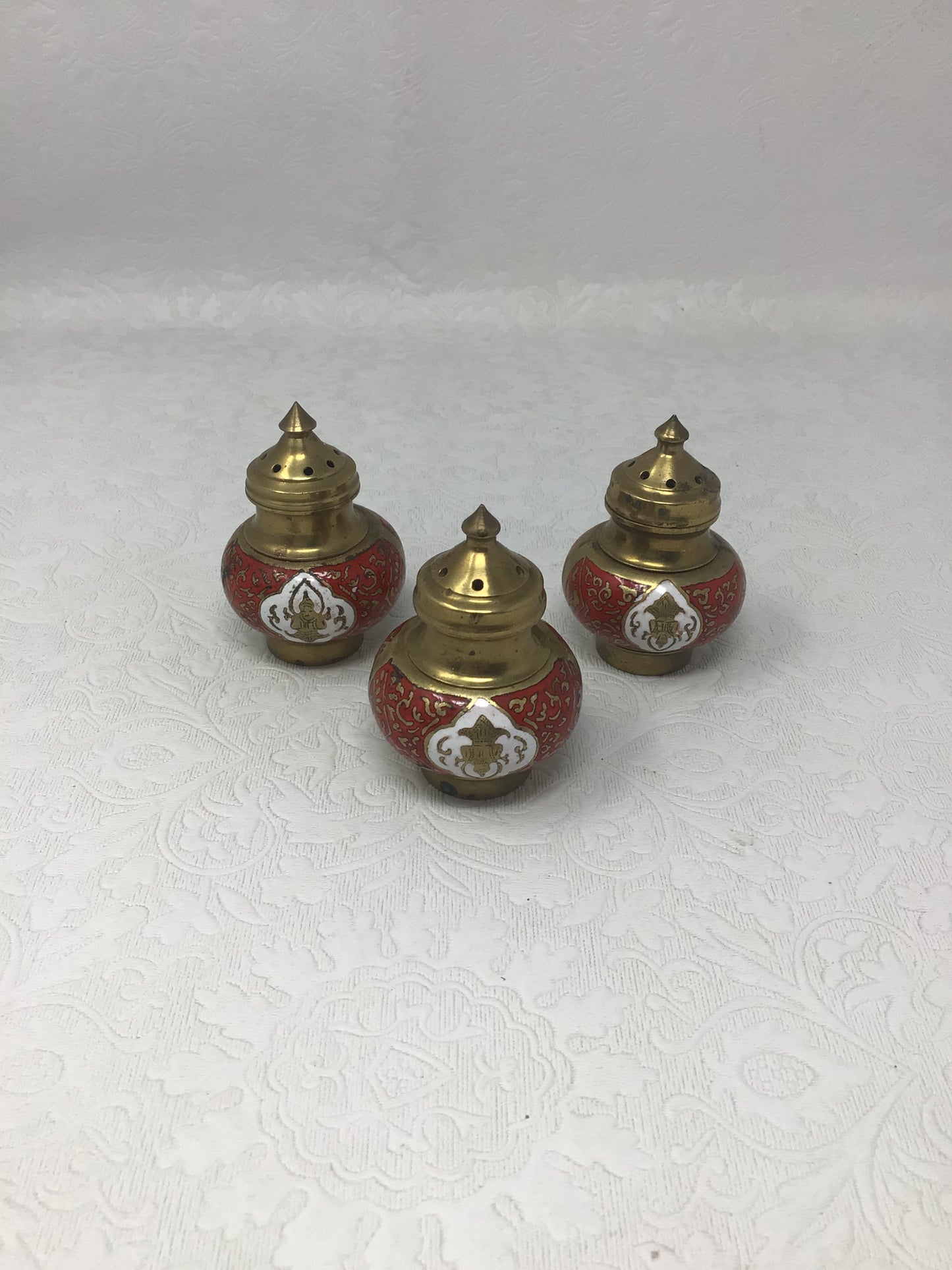 Vintage Brass and Red Enamel Salt and Pepper Shakers