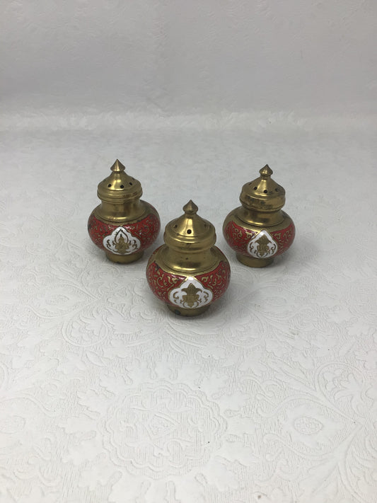 Vintage Brass and Red Enamel Salt and Pepper Shakers
