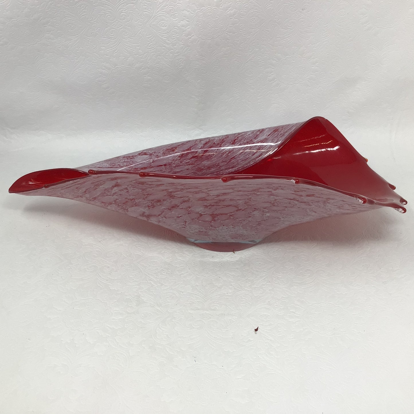 Art Glass Ruby Red White Opalescent Shell Console Bowl